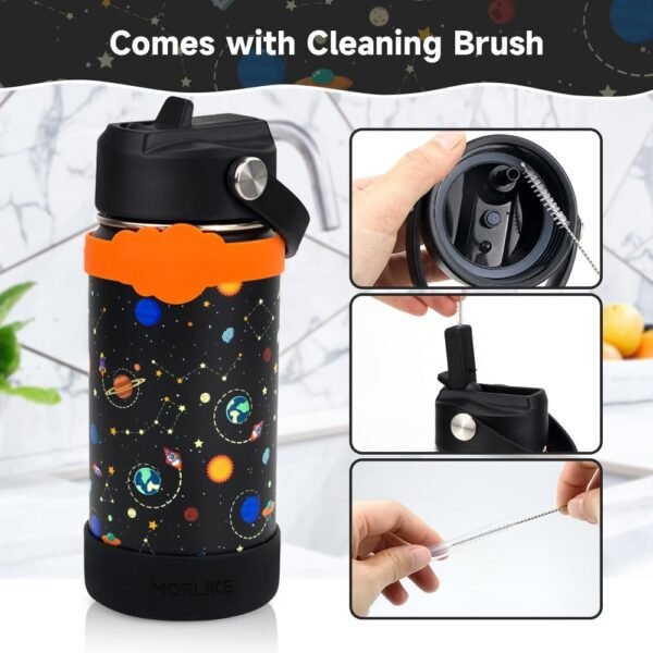 Morlike Kids Water Bottle with Straw Lid, 14oz Vacuum Insulated Stainless Steel Travel Tumbler Thermo Cup for School, Leakproof Toddler Girls Water Bottles(Black, Space) - Image 7