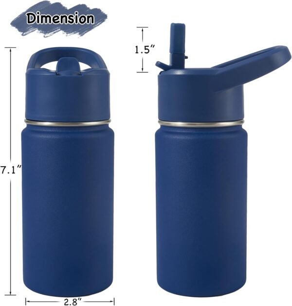 12oz Kids Water Bottle for School Boys&Girls, Leak-Proof Toddler Water Bottle, Stainless Steel Vacuum Insulated Bottle with Straws Lids, Navy blue - Image 2