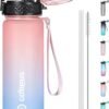 GOPPUS Kids Water Bottle with Straw Lid 17 oz Leak-proof BPA Free Motivational Time Marker Tritan Plastic Water Bottles for Girls Boys School Sports 2 Lids Pink Blue
