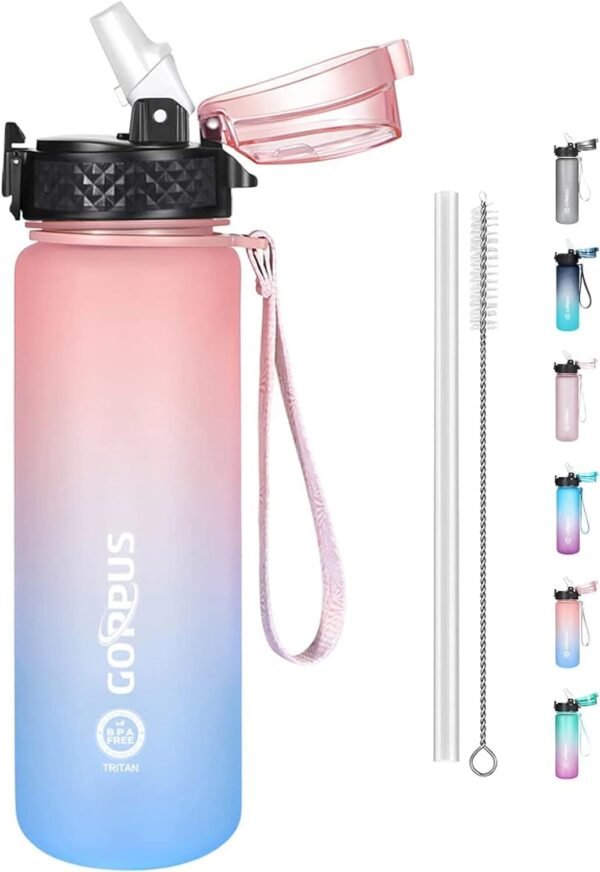 GOPPUS Kids Water Bottle with Straw Lid 17 oz Leak-proof BPA Free Motivational Time Marker Tritan Plastic Water Bottles for Girls Boys School Sports 2 Lids Pink Blue