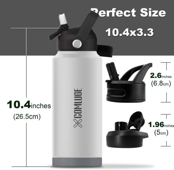 white 32 oz insulated water bottle with straw stainless steel water bottle,double wall,leak proof water bottles with 3 lids,travel,gym mens water bottle(Pearl Grey, 32oz) - Image 2