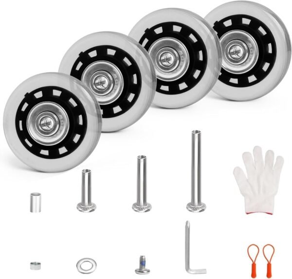 Luggage Wheel Replacement Kit with 4 Rubber Wheels, 3 Size Axles and Bearings for Suitcases and Travel Bags