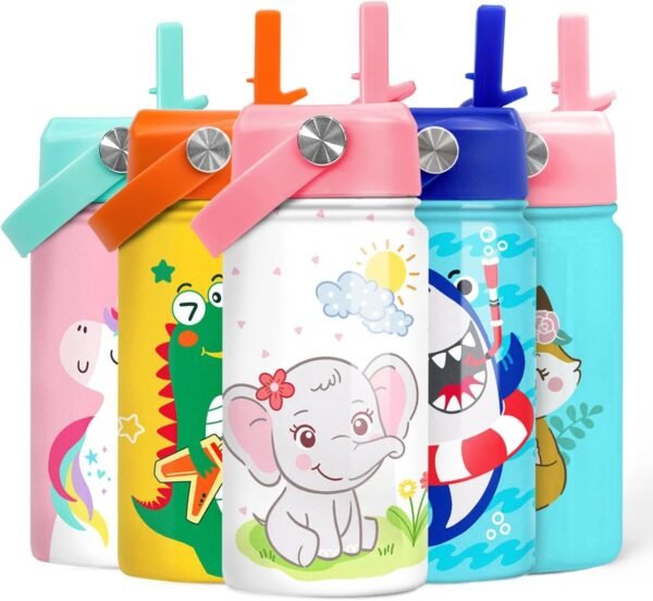SANDJEST Elephant Water Bottle - Kids Water Bottle with Straw Lid - 12 Oz Insulated Stainless Steel Water Bottles for Toddlers Kid Girl - Travel Cup for School Sports
