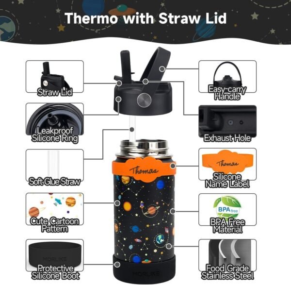 Morlike Kids Water Bottle with Straw Lid, 14oz Vacuum Insulated Stainless Steel Travel Tumbler Thermo Cup for School, Leakproof Toddler Girls Water Bottles(Black, Space) - Image 3