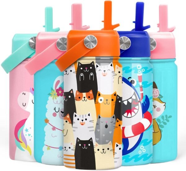 SANDJEST Cat Water Bottle - Kids Water Bottle with Straw Lid - 12 Oz Insulated Stainless Steel Water Bottles for Toddlers Kid Boys Girl - Travel Cup for School Sports