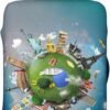 Around the World Suitcase Covers Funny Famous Landmarks Airplane World Map in Galaxy Sky Blue Rainbow Travel Luggage Cover Protector for Suitcase 18-21 Inch, Elastic Luggage Sleeves or Covers