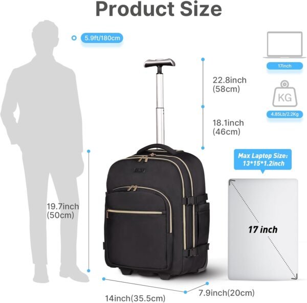 Rolling Backpack for Women, 17Inch Laptop Travel Backpack with Wheels, Under Seat Carry on Luggage Airplane, Overnight Business Trolley Backpack Bag (Elegant Black) (In Patent) - Image 2