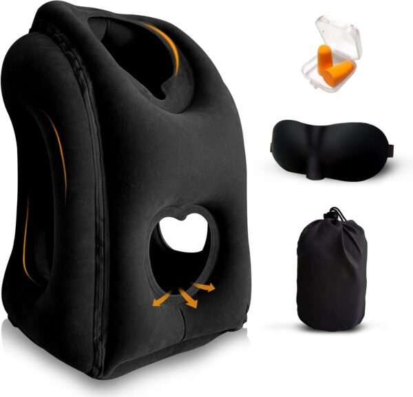 Inflatable Travel Pillows for Airplanes, Neck Support Travel Pillow for Sleeping Airplanes/Trains/Cars/Office Napping with Free Eye Mask, Earplugs