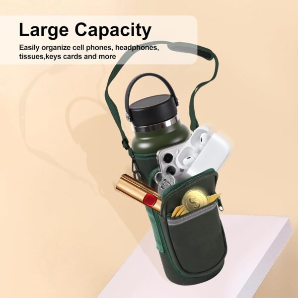 Water Bottle Holder with Strap for Hydro Flask Wide Mouth 32oz & 40oz, Water Bottle Carrier Sling Bag with Phone Pocket, Gym Bottle Accessories, Water Bottle Bag for Walking Hiking Travel-Gray Green - Image 3