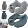 Self-Inflatable Neck Travel Pillow with Compact Bag and Washable Cover for Sleeping Airplane Soft Velvet Pillow for Long Flight Neck Cushion for Head Support Car Home Office (GreyGreen 2 Pack)