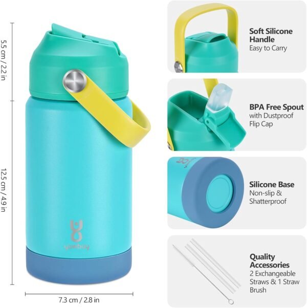 Kids Insulated Water Bottle with Straw Lid & Silicone Handle,12oz Kids Leak Proof Water Bottle for School Boys Girls,Double Wall Vacuum Stainless Steel with Non-slip Silicone Base(Blue) - Image 2