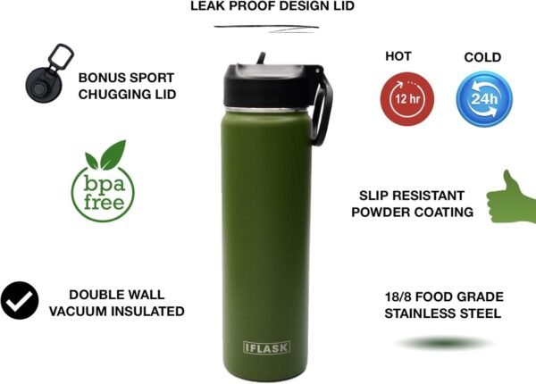 Sport Travel Outdoor Water Bottle with Spout and Straw Lids | Leak Proof | Insulated Stainless Steel Double Walled | BPA and Sweat free | Hot & Cold | For Kids Men & Women (Black, 22 oz) - Image 3