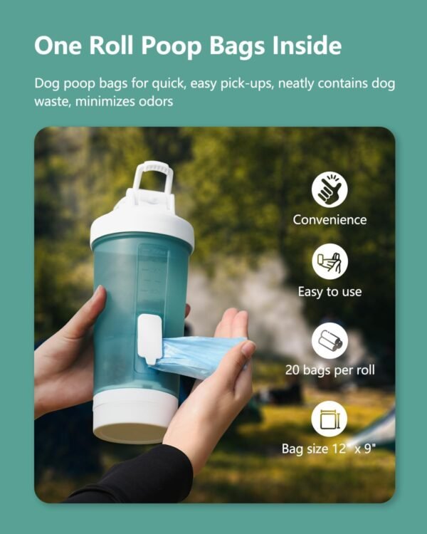 PAWGETHER® Dog Water Bottle with Poop Bag Food Container Shoulder Stap, Built in Bowl No Spill Portable Dog Travel Water Bottle Dispenser (450mL for Water 150mL for Food, Grey) - Image 5