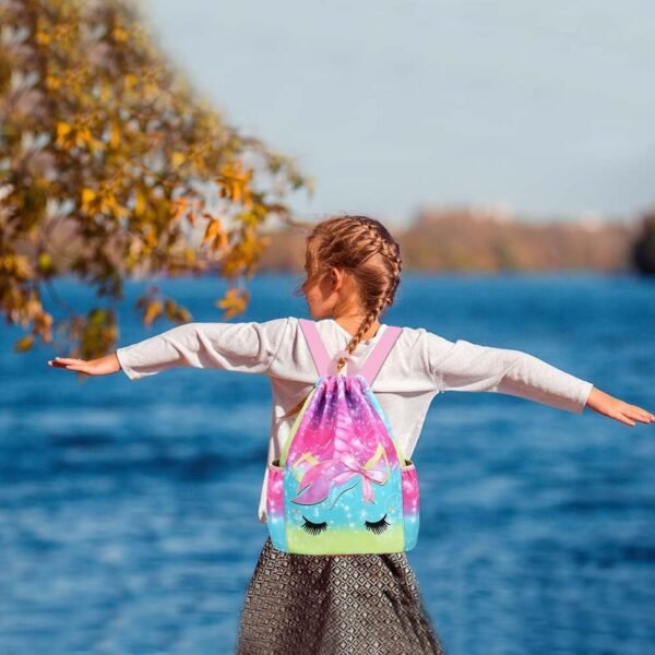 RHCPFOVR Drawstring Backpack for Kids - Unicorn Bags for Girls Mini Gym Dance Beach Swim Travel Bag With Two Water Bottle Holder - Image 6
