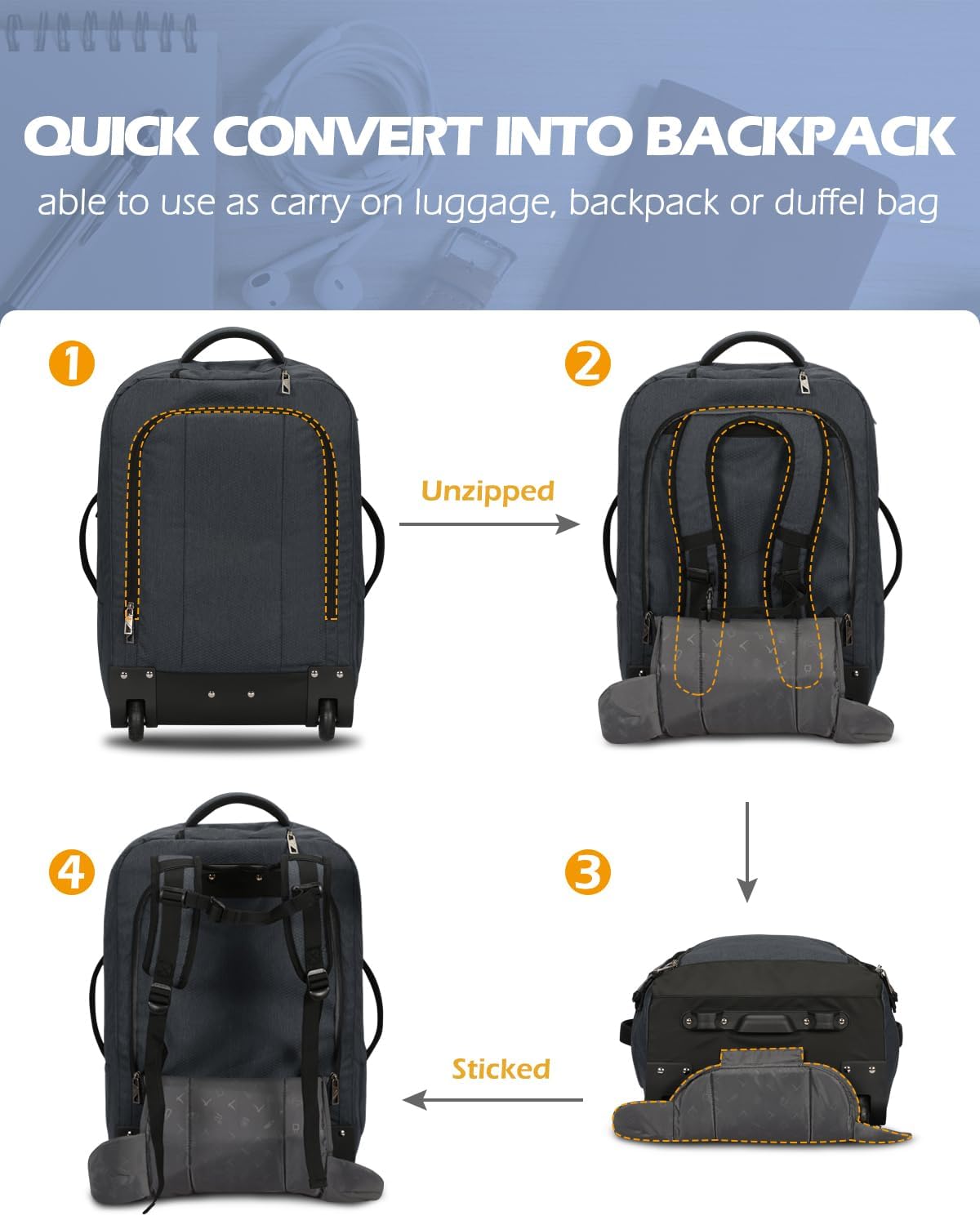 Hynes Eagle 2 in 1 Travel Backpack 22 inches Carry on Luggage 63L Rolling Backpack for Men Women with Packing Cubes 3PCS Set Grey Waist Pack Grey - Image 3