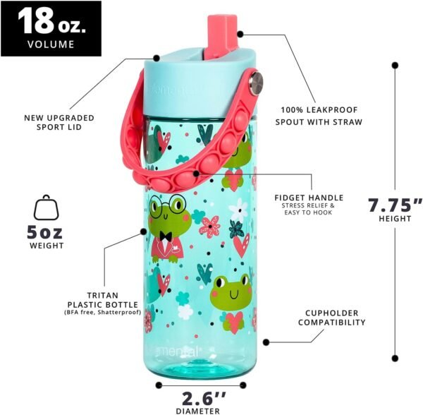 Elemental Leak Proof Water Bottles for Kids - Splash Kids Water Bottle for School with Fun Fidget Pop-it Handle - BPA Free Tritan Plastic Reusable Water Bottle with Straw - Fancy Frog - 18oz - Image 3