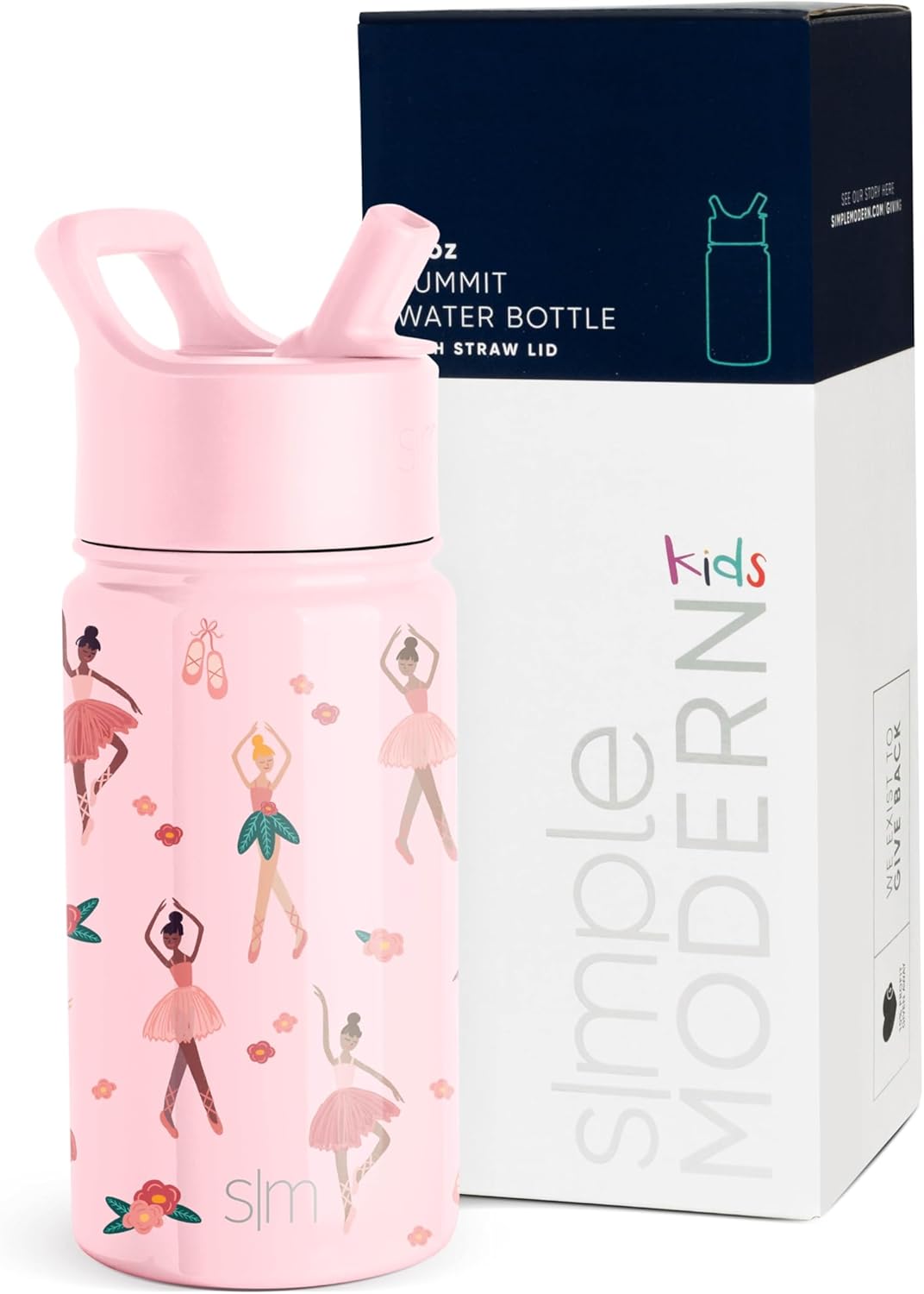 Simple Modern Kids Water Bottle with Straw Lid | Insulated Stainless Steel Reusable Tumbler for Toddlers, Girls | Summit Collection | 14oz, Pink Ballerina