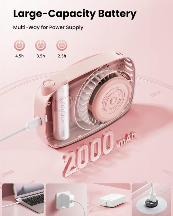 Gaiatop Neck Fan Rechargeable Mini Portable Fan Cute Camera Design, Small Desk Fan with 360°Rotate Mirror, 3 Speed USB Handheld Fan with LED Display, Cooling Personal Lash Fan Travel Essentials Pink - Image 5
