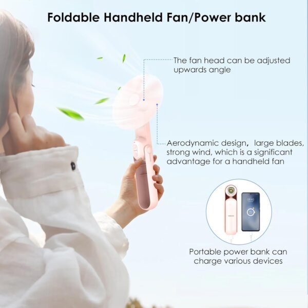 4 IN 1 Portable Handheld Fan,Personal Foldable Cooling Fan, Mini Pocket Fan,Desk Fan,Hand Fan,Flashlight,Power Bank,Table Lamp,Camping Travel Beach Fan, Birthday Gifts for Women Mom(Pink) - Image 3