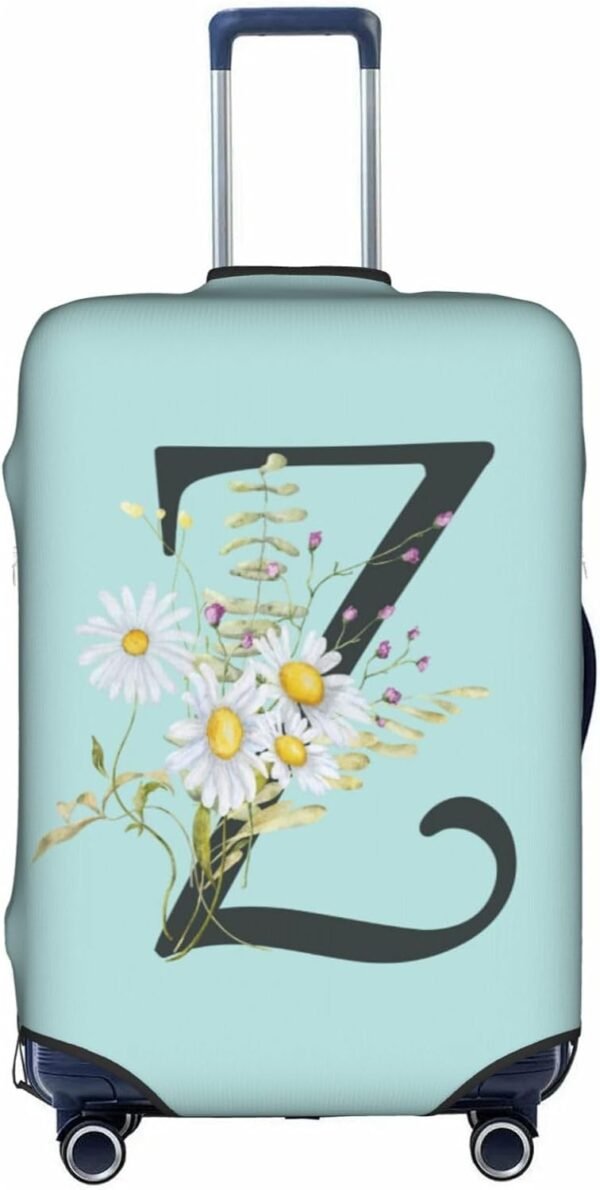 Travel Luggage Cover Spandex Blue Suitcase Protector Bag,Black Letter Z Boho Floral Flowers Leaves Anti-Scratch Washable Baggage Covers For Wheeled Suitcase Kid Adult,M (For 22-24 Inch Luggage)