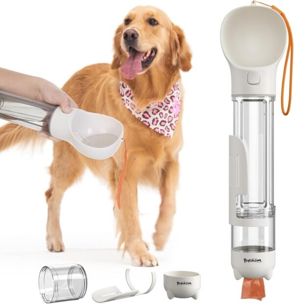 PUPIHOM17OZ 3 in 1 Portable Dog Water Bottle, Outdoor Dog Water Dispenser with Poop Bag, Pet Travel Water Bottle Dispenser with Drinking Feeder and Food Container for Dogs Walk Travel, Length 15.55"