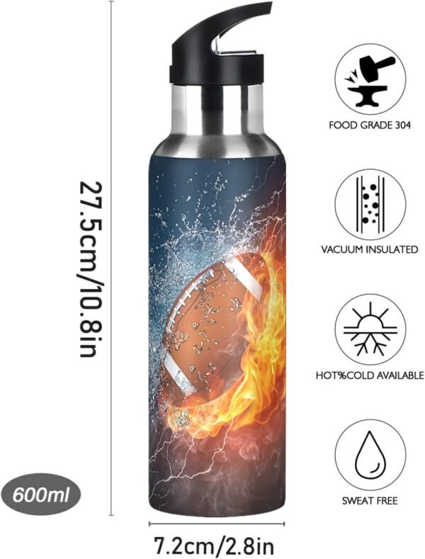 American Football Fire Water Bottle Kids Insulated Thermos Stainless Steel Hot Cold Water Flask Jug with Straw Lid for Sports Gym Running 20 oz - Image 2