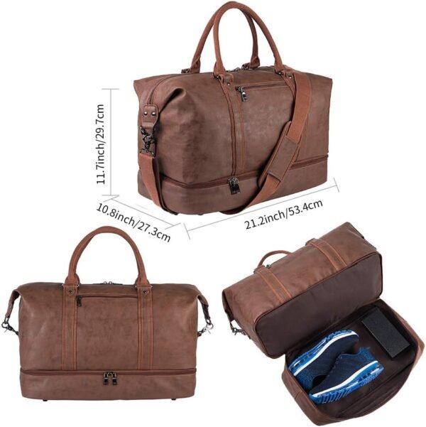 Leather Travel Bag with Shoe Pouch,Weekender Overnight Bag Waterproof PU Leather Large Carry On Bag Travel Tote Duffel Bag for Men or Women-Brown - Image 2