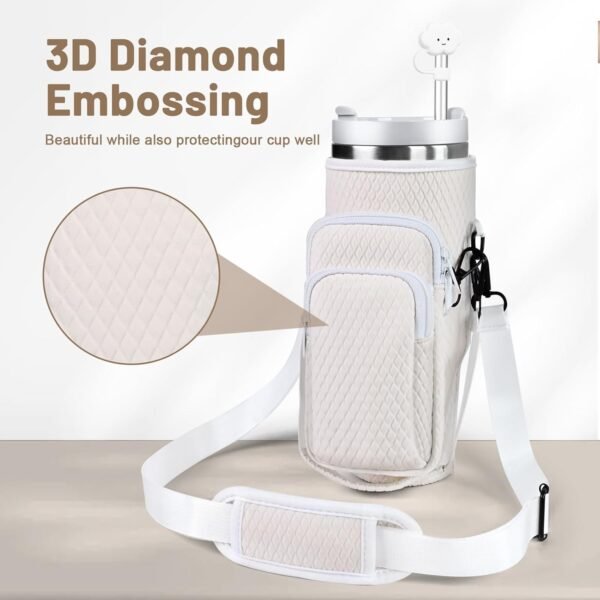 Sunegg Water Bottle Carrier Bag for Stanley 40 oz Tumbler with handle, 3D Embossing Cup holder with Phone Pocket, Strap & Straw Cover, Accessories for Stanley Cup for Outdoor Travel Camping - Image 2