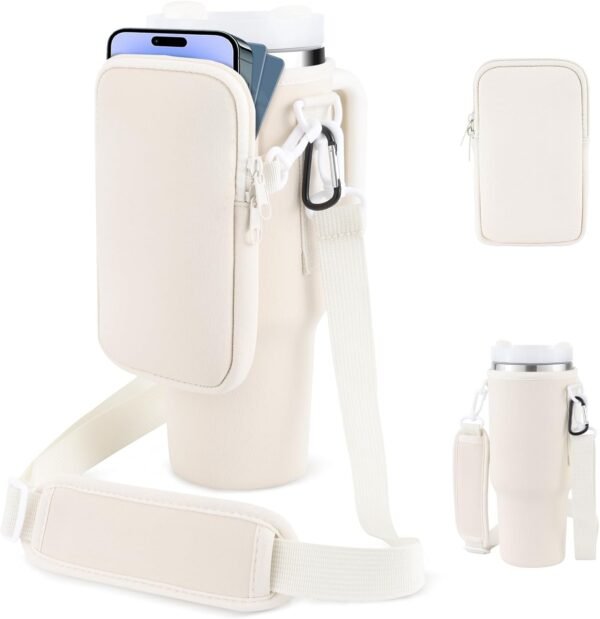 Water Bottle Tumbler Carrier Bag with Phone Pocket for Stanley, 40oz Tumbler Holder Simple with Adjustable Strap Modern Neoprene for Quencher Cup Accessories Travel, Cream White