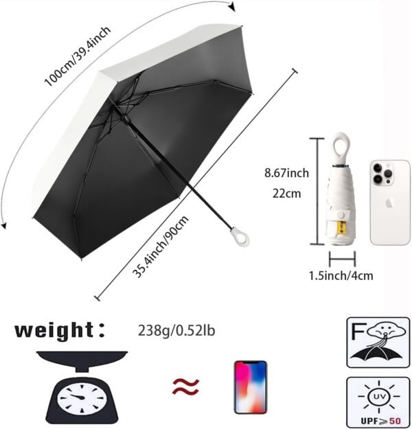 Mini Sun Travel Umbrella Ring handle Coating Layer Fabric Compact Folding Purse Umbrella/Lightweight Small Portable Backpack/Rain Sun/Blocking/Anti UPF 50 UV Protection 99.9% Men Women Kids - Image 2