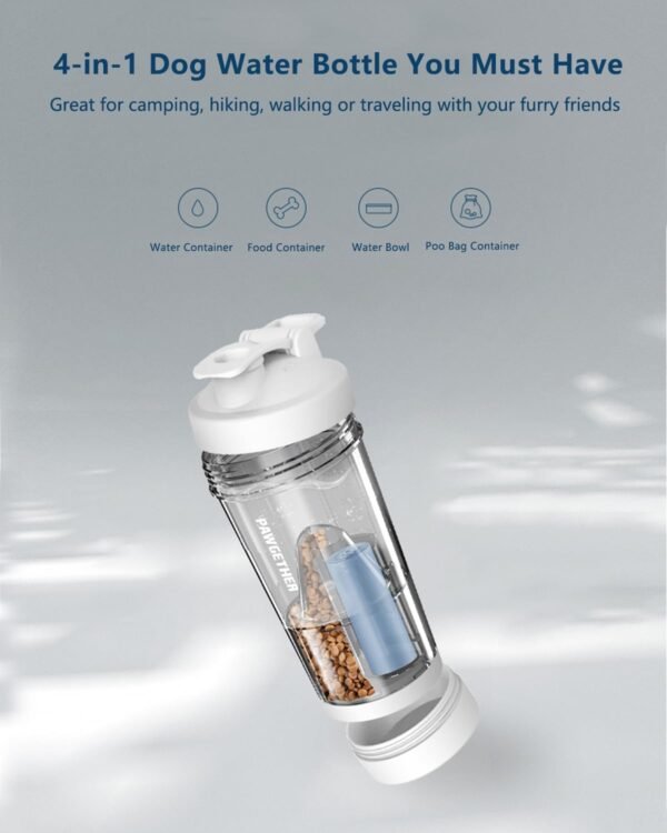 PAWGETHER® Dog Water Bottle with Poop Bag Food Container Shoulder Stap, Built in Bowl No Spill Portable Dog Travel Water Bottle Dispenser (450mL for Water 150mL for Food, Grey) - Image 4
