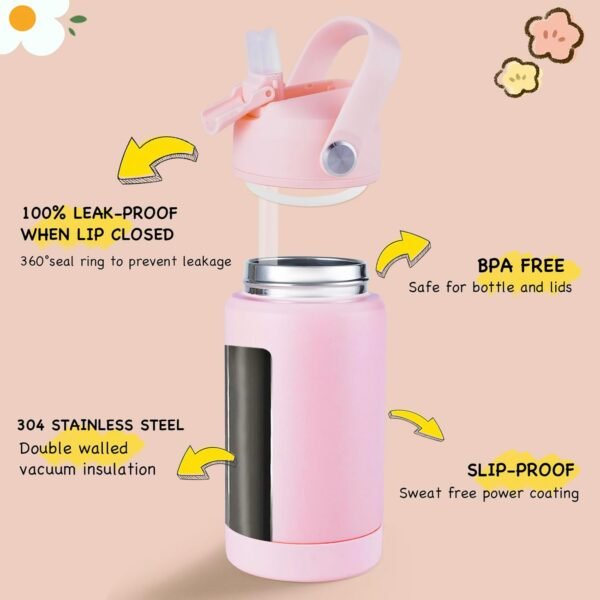 Kerilyn 12oz Kids Insulated Water Bottle, Leak-proof Toddler Cup With Straws Lids, Kids Water Bottles For School Boys Girls, Stainless Steel Vacuum Insulated Bottle For Kids, BPA Free, Pink - Image 2