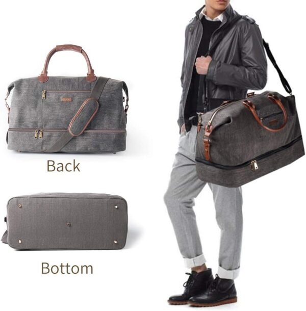 Canvas Travel Tote Luggage Men's Weekender Duffle Bag with Shoe compartment (Grey) - Image 6