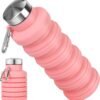 Collapsible Water Bottles, Reuseable BPA Free Silicone Foldable Water Bottle 16oz, Lightweight Leakproof Portable Travel Water Bottles for Traveling Camping Hiking Sports(Pink)