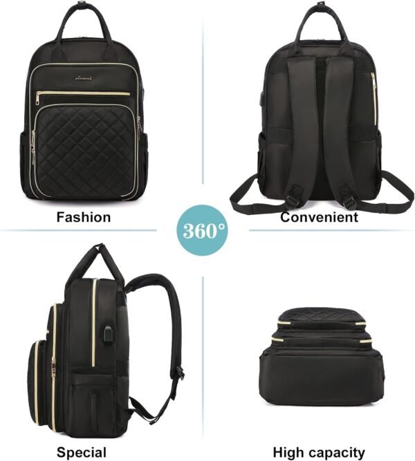 LOVEVOOK Laptop Backpack for Women, 15.6 Inch, Black, Quilted Commuter Backpack with USB Charging Port, Water Resistant, Lightweight Travel Work Backpack - Image 8