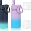 Volhoply 14oz Water Bottle with Straw Lid and Silicone Boot Bulk 2 Pack,Stainless Steel Insulated Thermos for Boys & Girls Multipack,Double Wall Vacuum Leakproof Kids bottles(Assorted,2)
