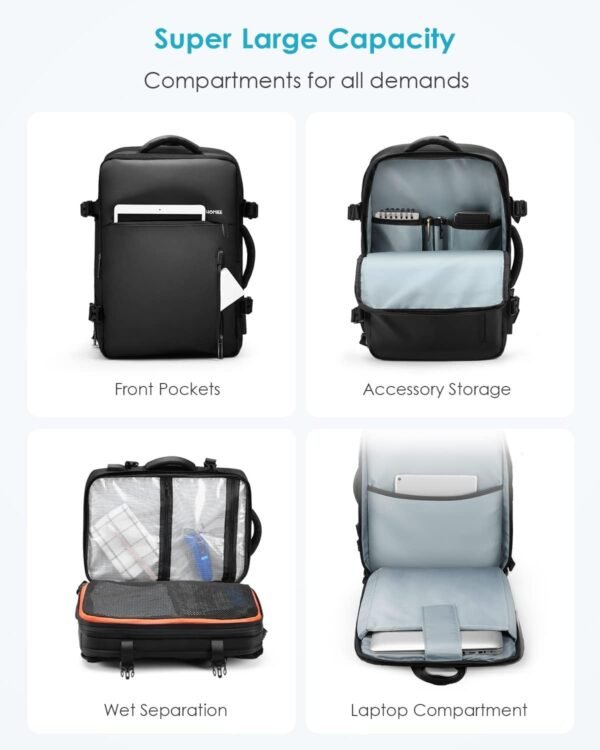 HOMIEE Travel Laptop Backpack 18x14x8 Inch Carry on Luggage Airline Approved, 40L Expandable Large Suitcase Personal Item Bag for College Business Weekender, Black - Image 4