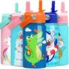 SANDJEST Crocodile Water Bottle - Kids Water Bottle with Straw Lid - 12 Oz Insulated Stainless Steel Water Bottles for Toddlers Kid Boys - Travel Cup for School Sports