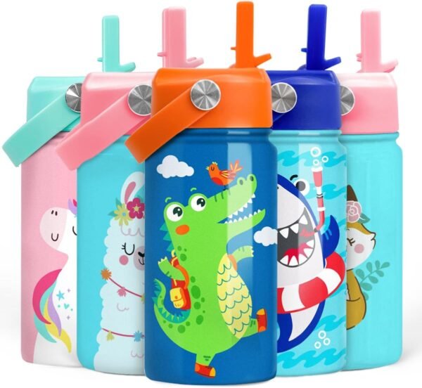 SANDJEST Crocodile Water Bottle - Kids Water Bottle with Straw Lid - 12 Oz Insulated Stainless Steel Water Bottles for Toddlers Kid Boys - Travel Cup for School Sports