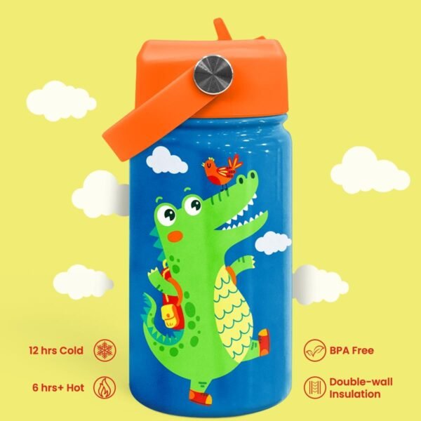 SANDJEST Crocodile Water Bottle - Kids Water Bottle with Straw Lid - 12 Oz Insulated Stainless Steel Water Bottles for Toddlers Kid Boys - Travel Cup for School Sports - Image 5
