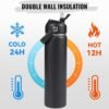 24oz Insulated Stainless Steel Water Bottle, Wide Mouth Double Wall Vacuum, Silicone Straw, Sweat & Leak Proof, BPA Free Insulated Water Flask for Travel, Keep Cold 24h Hot 12h, Black - Image 5