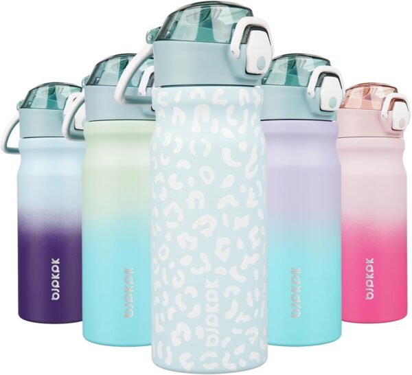 BJPKPK Insulated Water Bottle 18oz Stainless Steel Water Bottles With Straw And Carry Handle Double Wall Metal Thermos,Light Blue Leopard