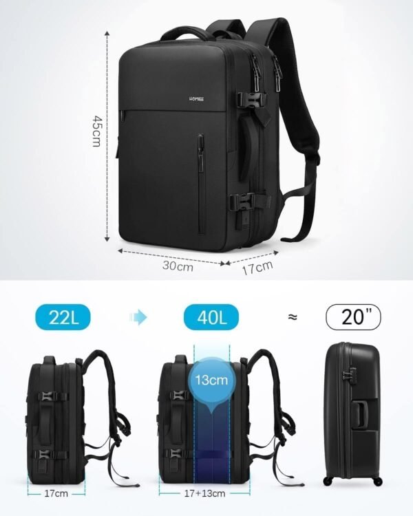 HOMIEE Travel Laptop Backpack 18x14x8 Inch Carry on Luggage Airline Approved, 40L Expandable Large Suitcase Personal Item Bag for College Business Weekender, Black - Image 3