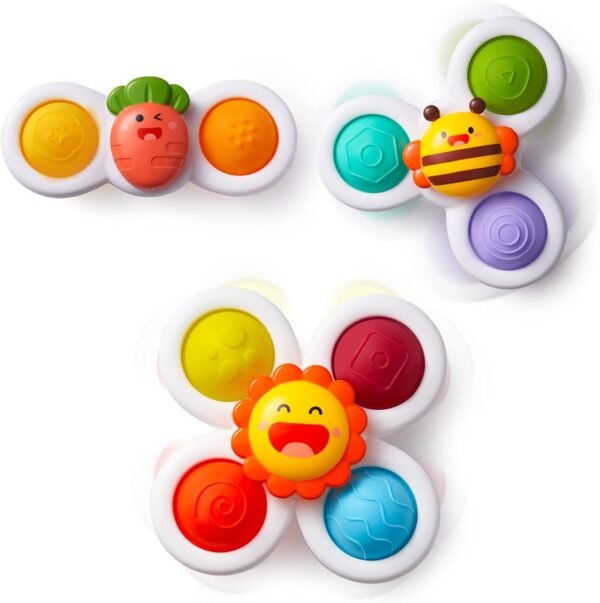 LiKee Strong Suction Cup Fidget Spinnerz Sensory Bath Toys for Baby 10 12 18 Months Airplane Car Travel Table & Window Toys for 1 2 Year Old Toddler Boys and Girls (Sun)