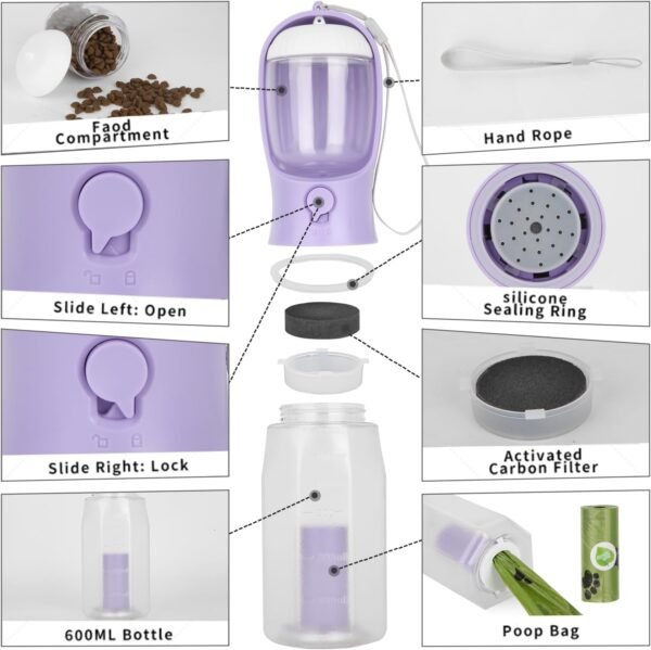 Ultimate Dog Travel Companion: 3-in-1 Water Bottle, Food Container, and Waste Bag Dispenser for Outdoor Adventures (20 Ounce, Vine Purple) - Image 2