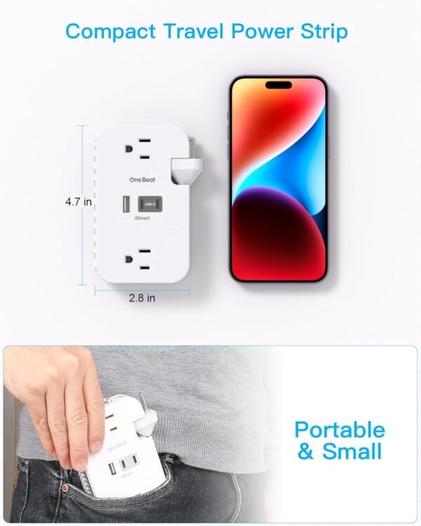 Travel Essentials, Cruise Ship Power Strip with USB Ports, 2 Outlets 3 USB (2 USB C) Wrapped Short Extension Cord 12 inches Desktop Charging Station Power Strip for Travel Hotel Cruise Must Haves - Image 4
