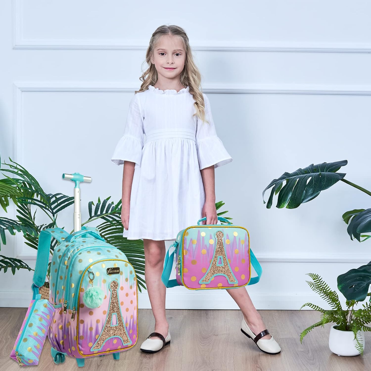 Egchescebo School Bags Kids Rolling Backpack for Girls Kids Luggage Suitcase With Wheels - Image 7