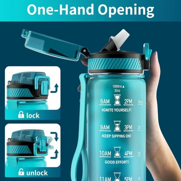 Water Bottle with Straw, 32oz Motivational Water Bottles with Time Marker to Drink, Tritan BPA Free, 1L Sports Water Bottle with Carry Strap LeakProof for Women Gym Fitness Outdoor (1 Pack) - Image 3