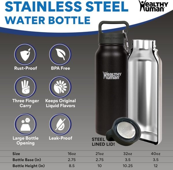 Healthy Human Stainless Steel Water Bottle | Double Walled Vacuum Insulated Water Thermos for Adults | Eco-Friendly Travel Bottles with Leak Proof Lid (Pure Black, 32 oz/ 946 ML) - Image 5