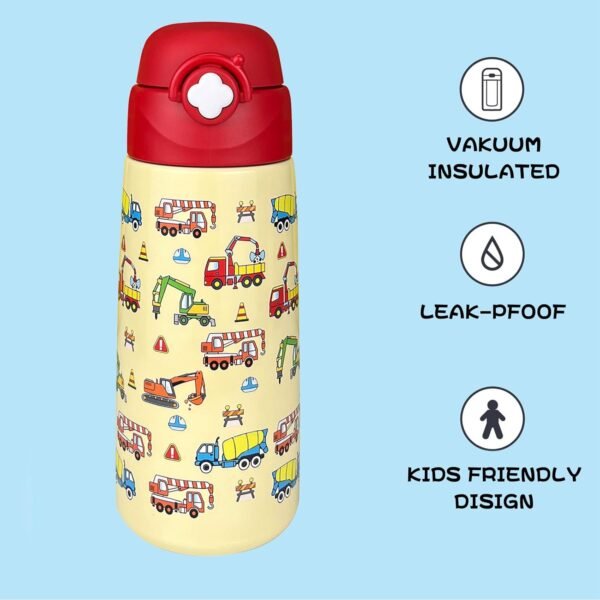 Kids Insulated Water Bottle with Covered Pop-Up Straw,16oz Kids Cups with Stainless Steel Leak Proof for School Boys Girls（Construction） - Image 2